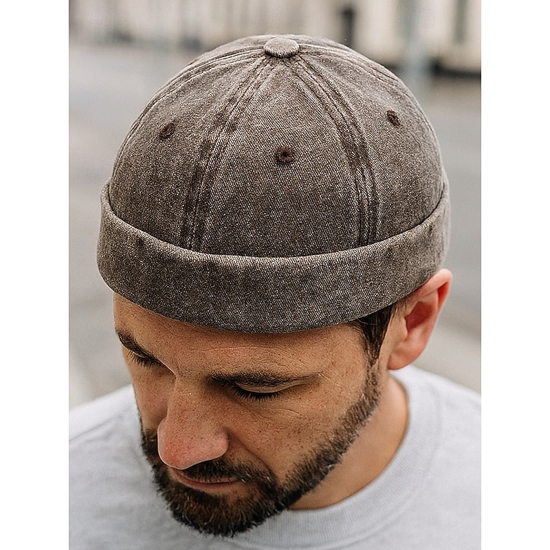 Men's Vintage Cuffed Docker Cap – Adjustable Polyester Workman Beanie Hat for Urban Streetwear, Casual and Outdoor Use