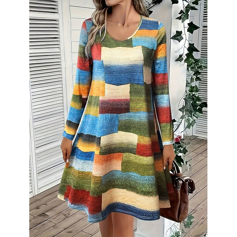 Women's Mini Dress Crew Neck Long Sleeve Casual Dress T Shirt Dress Tee Dress A Line Dress Casual Regular Fit Graphic Geometric Green Fall Winter