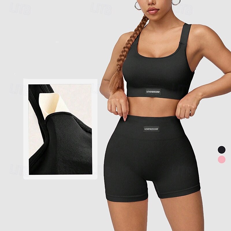 Women's 2 Pieces Sports Bras Workout Sets Yoga Outfits Padded Solid Color Clothing Suit Black Pink Gym Workout Volleyball Running High Waist Stretchy Breathable Sport Activewear Tight Fit