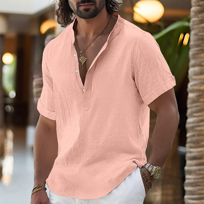 Men's Shirt Linen Shirt Band Collar Shirt Popover Shirt Summer Shirt Beach Wear Plain Vacation Casual Black White Yellow Pink Short Sleeve Henley Summer Clothing Apparel3