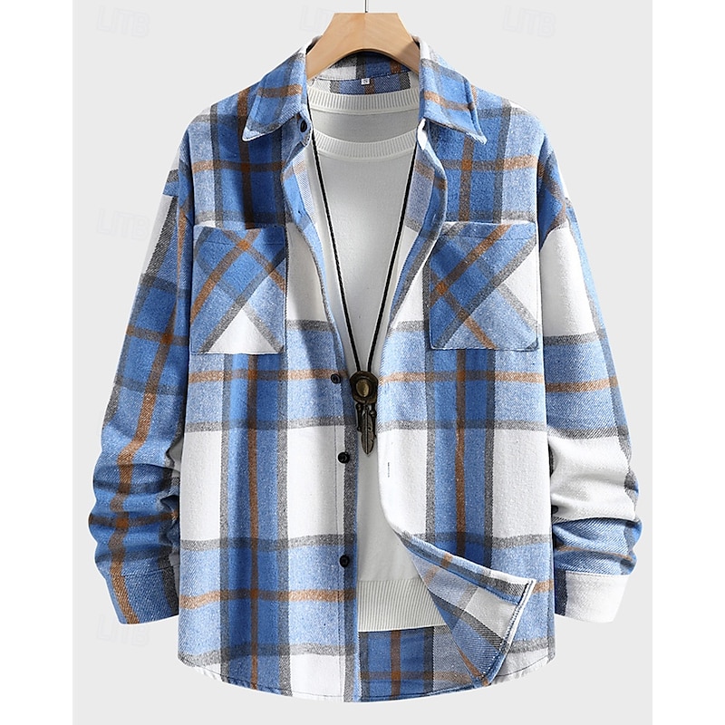 Men's Lightweight Jacket Shirt Jacket Casual Jacket Shacket Vacation Daily Breathable Pocket Spring Fall Plaid Fashion Classic Lapel Regular Blue Khaki Jacket2