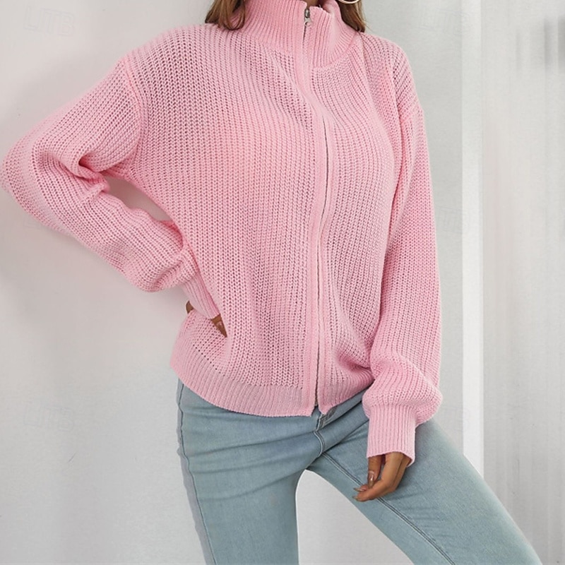 Women's Cardigan Casual Solid Color Chunky Turtleneck Zipper Knitted Long Sleeve Regular Tops Knit Daily Holiday Going out Pink Fall Winter