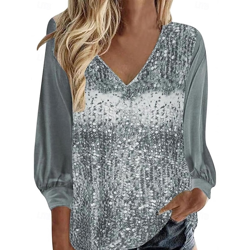 Women's Sequin Sparkly Party Glitter Sparkly Stylish Long Sleeve V Neck Regular Tops Daily Holiday Print Asymmetric Hem Silver Pink Blue Green Spring Fall4