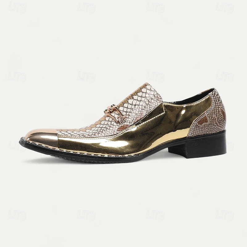 Men's Gold Crocodile Texture Genuine Leather Loafers Glossy Finish with Chain Accent for Formal Parties Weddings Stage and Clubwear4