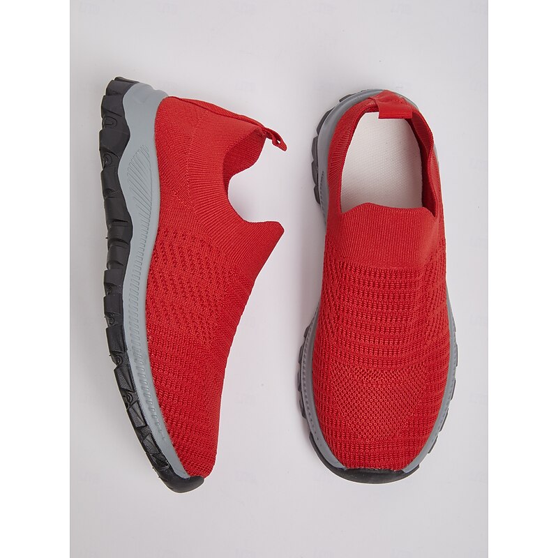 Women's Red Flyknit Slip-On Sneakers – Lightweight Breathable Walking Shoes for Hiking, Travel and Outdoor Adventures