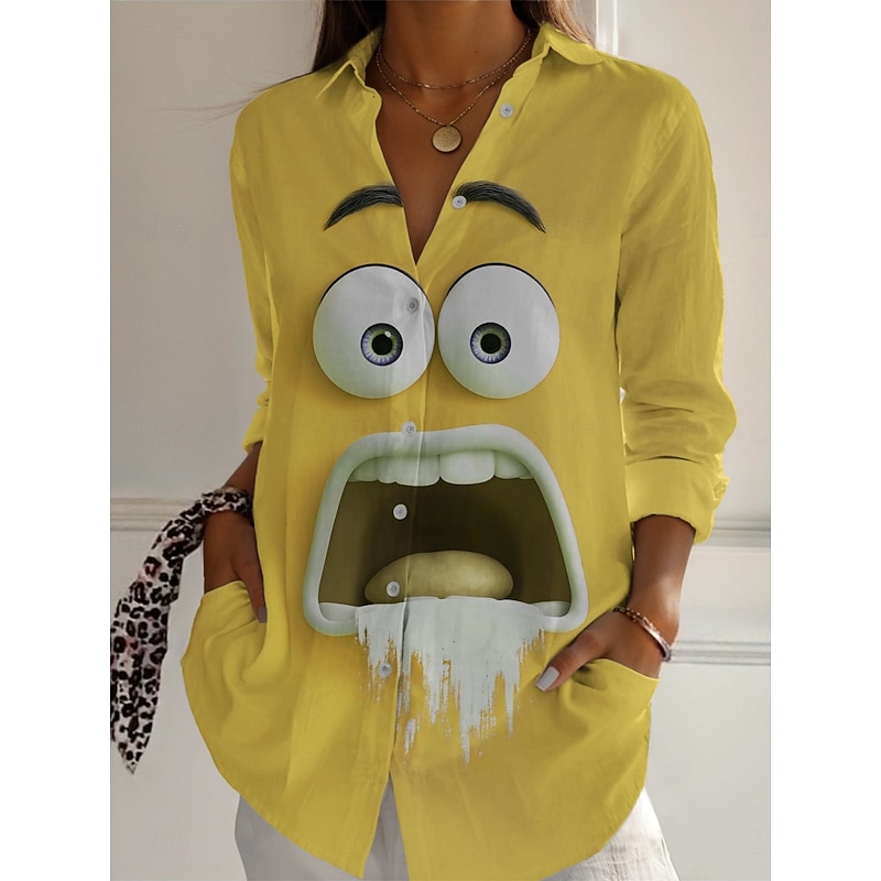 Women's Cartoon Funny Smile Face Shirt Active Daily Stylish Long Sleeve Shirt Collar Regular Tops Daily Holiday Buttons Print Yellow Red Spring Fall3
