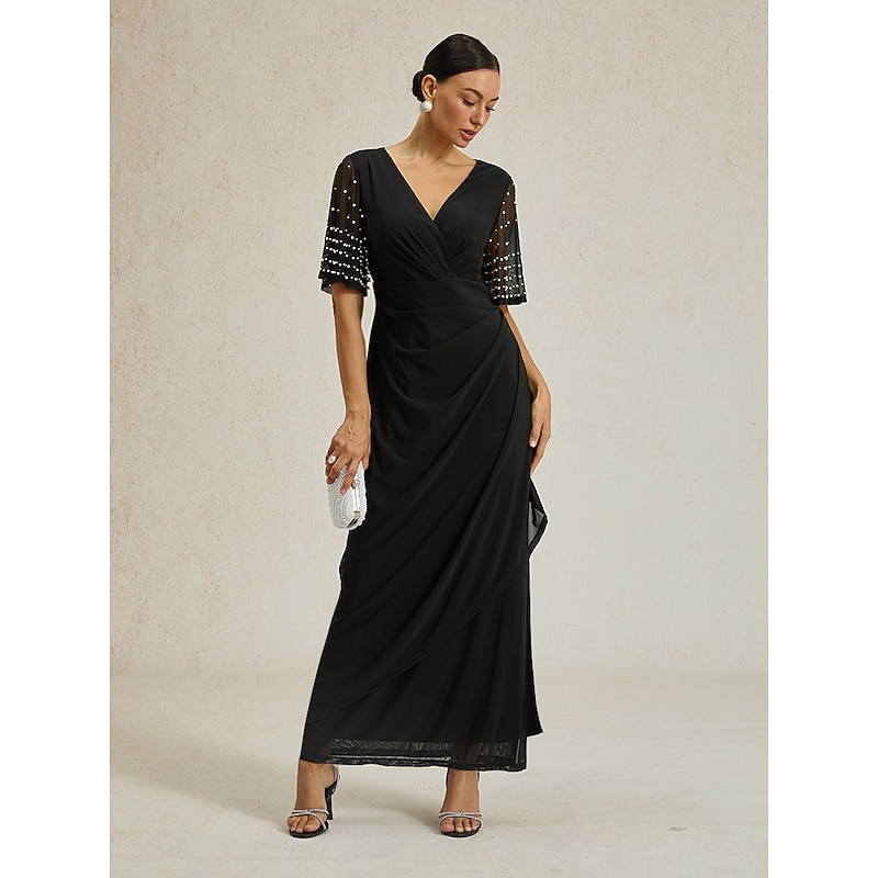 Women's Maxi Dress Sheath Dress Elegant Party Birthday Solid Color Short Sleeve V Neck Black Summer