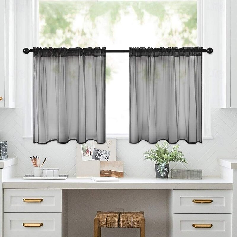 Kitchen Curtain Solid Color Polyester Short Curtains  Living Room, Bedroom, Kitchen Counter Divider, Sheer Privacy Drapes3