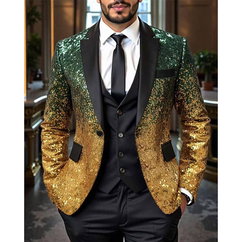 Men's Blazer Business Cocktail Party Wedding Party Fashion Casual Spring Fall Polyester Gradient Pocket Buttons Comfortable Single Breasted Blazer Silver Blue Dark Green Purple