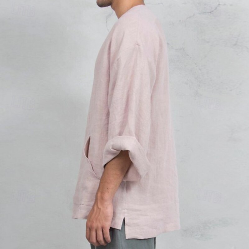 Men's Tee Top Linen T-Shirt Long Sleeve Short Sleeves V Neck Summer Spring Plain Fashion Designer Basic Soft Vacation Street Casual Pink White Navy Blue Top Tee for Men3