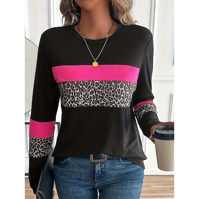 Women's T shirt Crew Neck Long Sleeve Tunic Graphic Leopard Color Block Vintage Stylish Casual  Regular Tops Daily Print Pink Fall