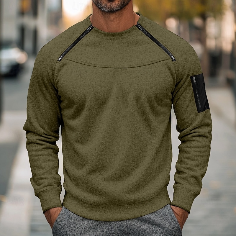 Men's Zip Sweatshirt Fleece Hoodie Yellowish brown Black Army Green Navy Blue Brown Round Neck Plain Zip Up Front Pocket Tactical Sports & Outdoor Casual Streetwear Cool Sportswear Fall & Winter