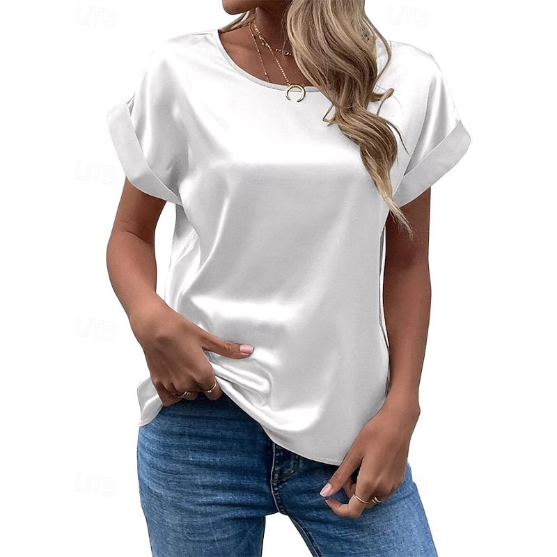 Women's T Shirt Tee Satin Top Plain Fashion Modern Short Sleeve Crew Neck Regular Tops Daily Going out Weekend Black White Pink Blue Purple Summer3