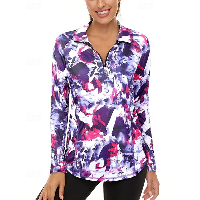 Women's Geometric Golf Polo Shirt Tennis Shirt Long Sleeve Print Quarter Zip Pullover UV Protection Elastic Breathable Tennis Golf Pickleball Zip Collar Shirt Polo Black Purple Tennis Clothing4