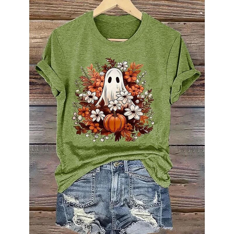 Halloween Women's T shirt Ghost Graphic Vintage Stylish Classic Short Sleeve Crew Neck Regular Tops Daily Weekend Print Black White Orange Green Summer Spring Fall2
