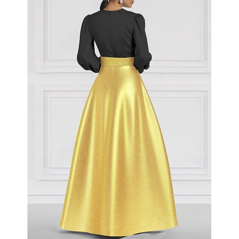 Black Tie Black and Gold A-Line Evening Gown Sparkle Jacquard Skirt with Belt Formal Wedding Floor Length Long Sleeve V Neck Satin with Slit Pocket2