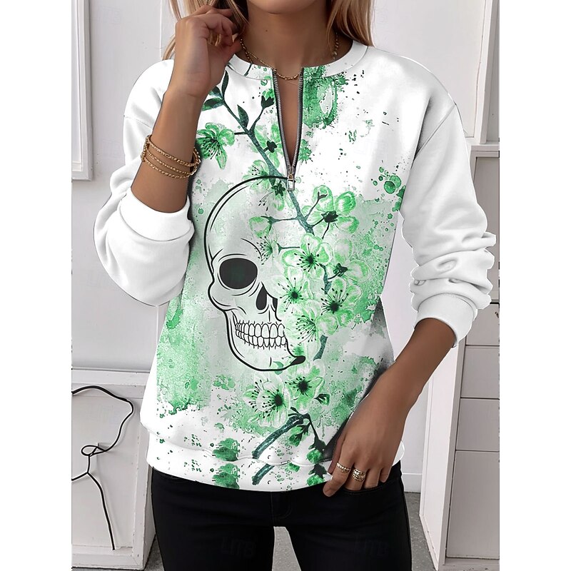 Women's Quarter Zipper Sweater Floral Graphic Skull Casual Long Sleeve Crew Neck Regular Tops Street Dailywear Half Print Pink Blue Purple Green Fall Winter4