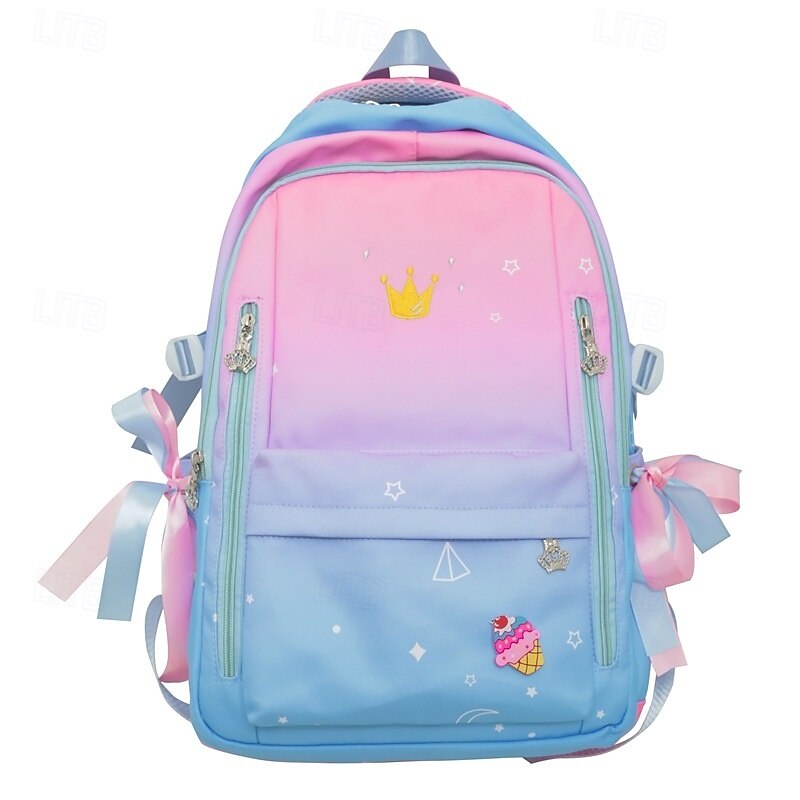 Girls Gradient Princess Backpack – Cute Waterproof School Bag with Crown Zippers and Star Print, Lightweight Bookbag for Elementary and Middle School3