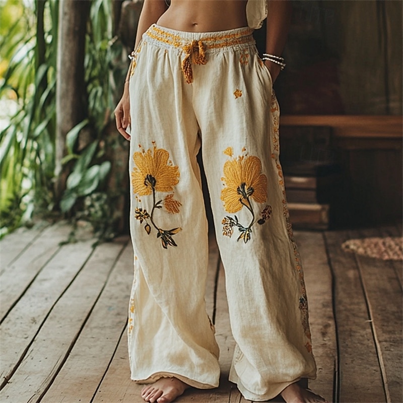 Women's Wide Leg Pants Trousers Palazzo Pants Fashion Boho Full Length High Waist Flower Elastic Waist Drawstring Print Breathability Comfortable Street Daily Wear Going out Yellow Spring Fall