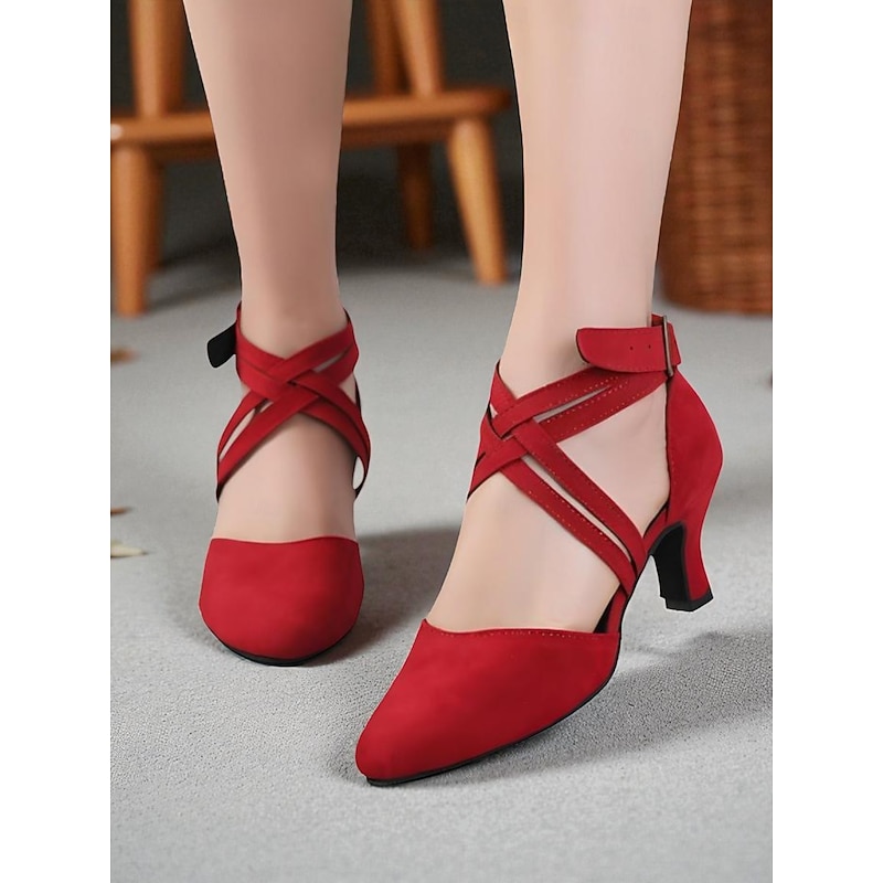 Women's Red Suede Cross-Strap Dance Shoes with Mid-Heel - Professional Latin and Ballroom Performance Footwear
