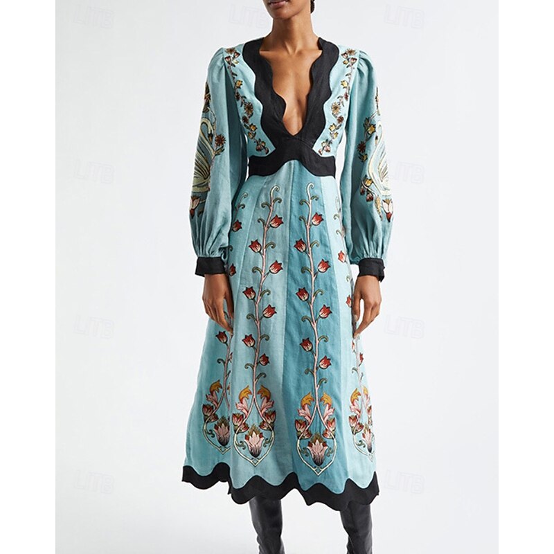 Women's Midi Dress Floral Dress Print Dress Classic Modern Outdoor Vacation Holiday Regular Fit Flower Long Sleeve V Neck Blue Fall3