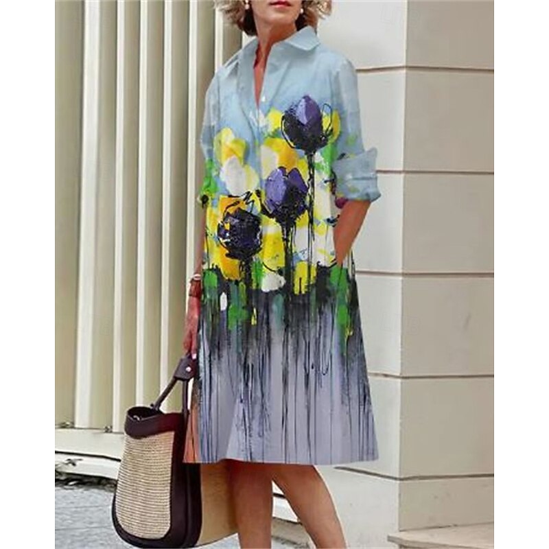 Women's Midi Dress Shirt Dress Casual Dress Fashion Modern Daily Beach Weekend Regular Fit Flower Long Sleeve Shirt Collar Black Blue Orange Green Spring Fall4