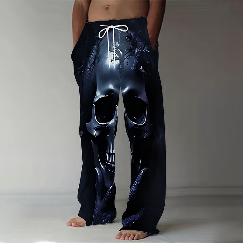Men's Halloween Costumes Skulls Trousers Baggy Pants Casual Pants Mid Waist Dark Gothic Style Holiday Streetwear Elastic Drawstring Waist Linen-Like Pants with Pockets Summer Spring 3D Print Black3