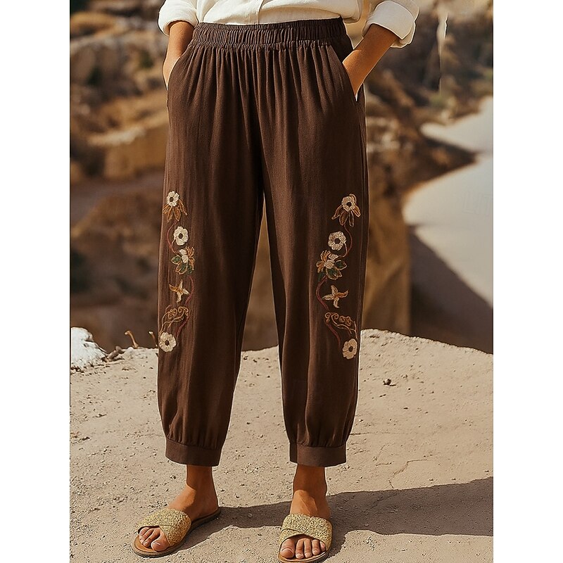 Women's Cotton Linen Pants Chinos Fashion Basic Ethnic Full Length Medium Waist Floral Embroidered Pocket Drawstring Comfort Outdoor Stretchy Vacation Street Causal Black White Coffee Summer Spring3