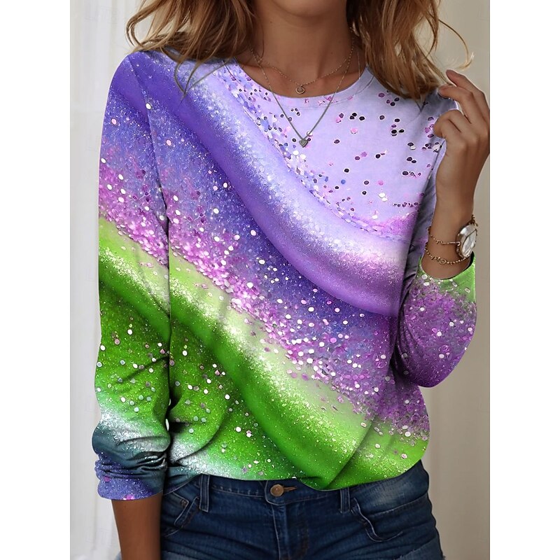 Women's T shirt Crew Neck Long Sleeve Tunic Ombre Graphic Texture Vintage Stylish Casual  Round Neck Regular Tops Daily Print Pink Blue Purple Fall3