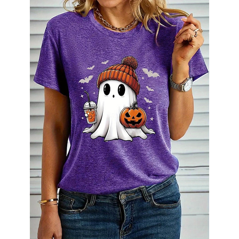Halloween Women's T shirt Ghost Graphic Pumpkin Vintage Stylish Classic Short Sleeve Crew Neck Regular Tops Daily Weekend Print Black White Blue Purple Green Summer Fall