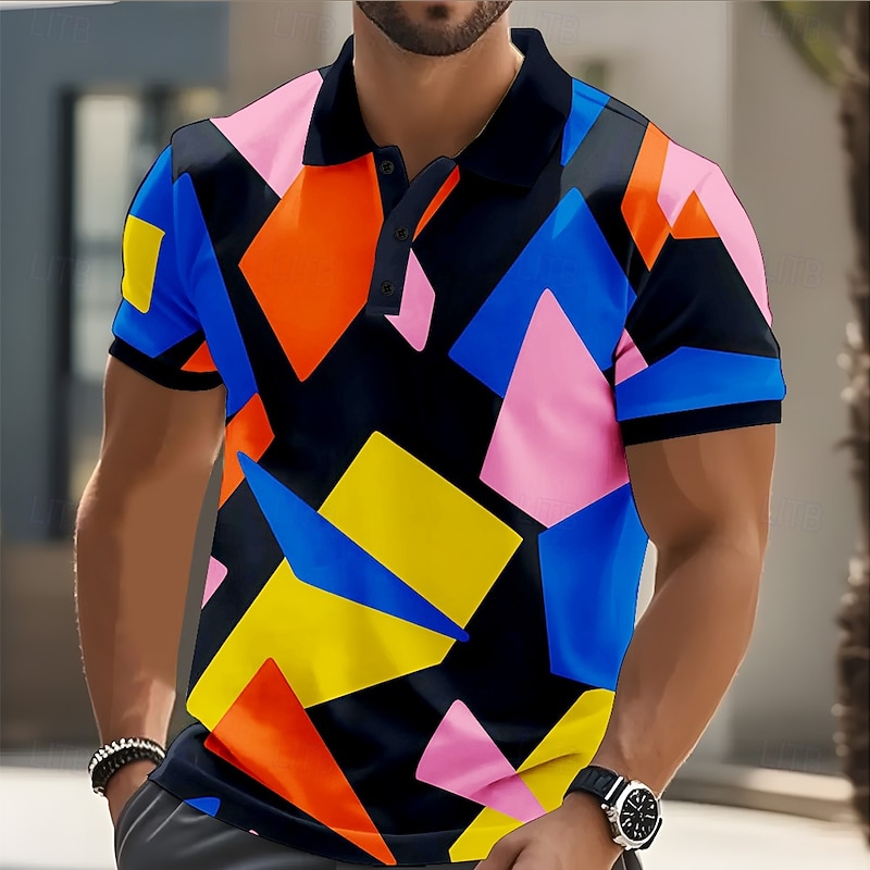 Men's Geometric Abstract Polo Short Sleeve Polo Shirts Collared Shirts Casual Street Athleisure Daily Wear 3D Print Buttons Summer Pink Blue Purple