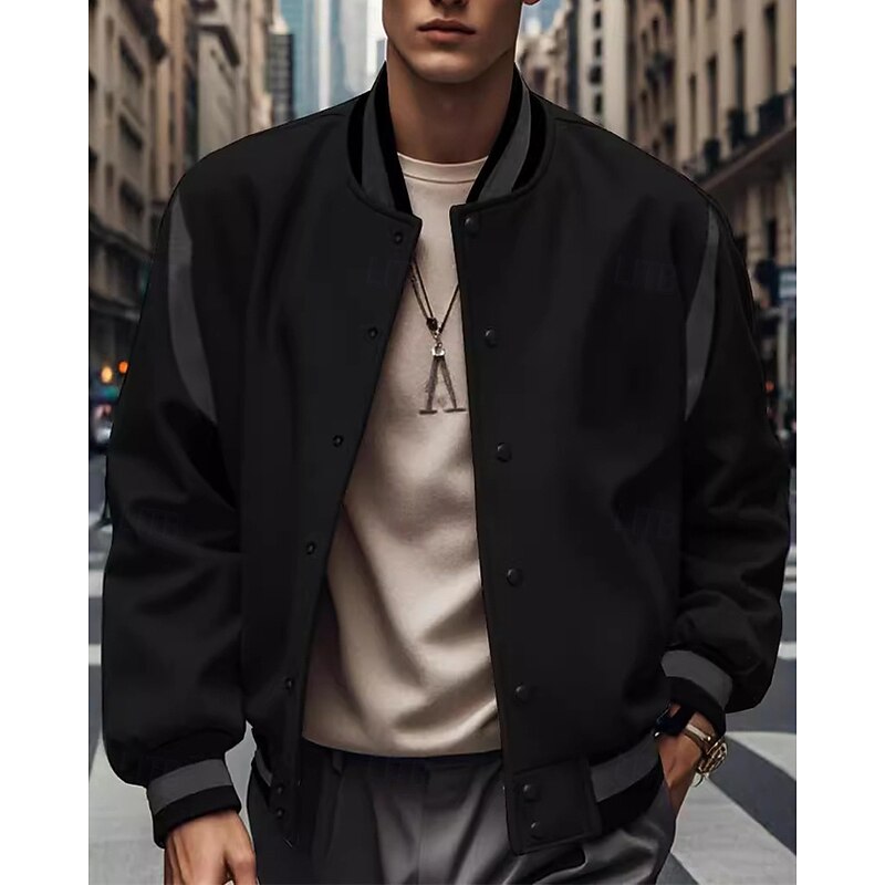 Men's Casual Jacket Varsity Jacket Vacation Daily Breathable Pocket Spring Fall Color Block Fashion Classic Stand Collar Regular Black Blue Gray Jacket3
