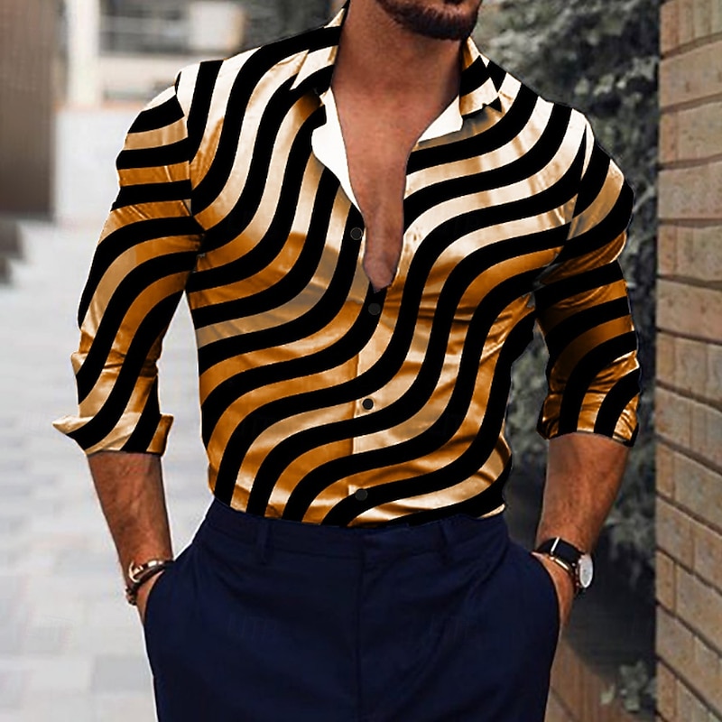 Men's Striped Geometric Pattern Shirt Button Up Shirt Long Sleeve Party Designer Casual Vacation Daily Holiday Collar Shirt Collar Black Yellow Red Purple2