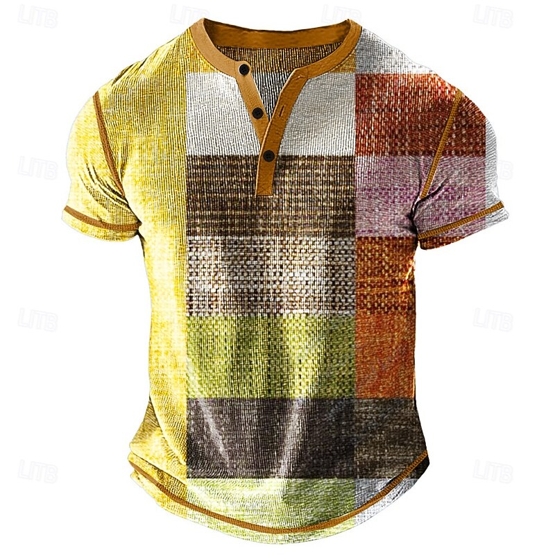 Men's Graphic Plaid Henley Shirt Waffle T Shirt Short Sleeve Daily Retro Vintage Classic Sports Outdoor Casual Holiday Spring & Summer All Seasons Blue Yellow Green Khaki Henley Henley T-Shirt2