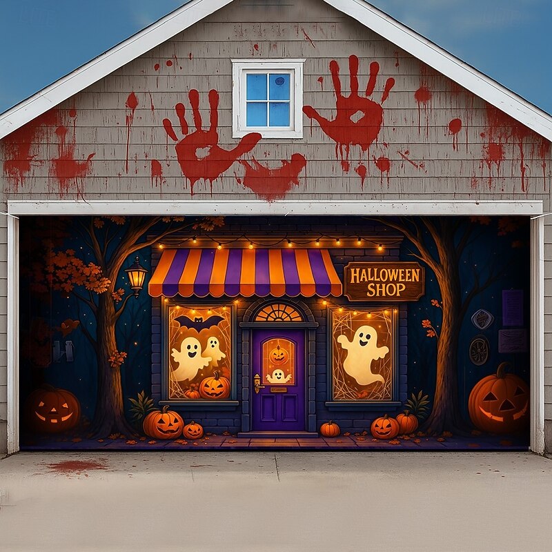 Halloween Garage Door Cover Pumpkin Shop Entrance Banner, Large Tapestry Backdrop Decoration for Holiday Outdoor Garage Door and Home Wall, 2025 Halloween Decorations2