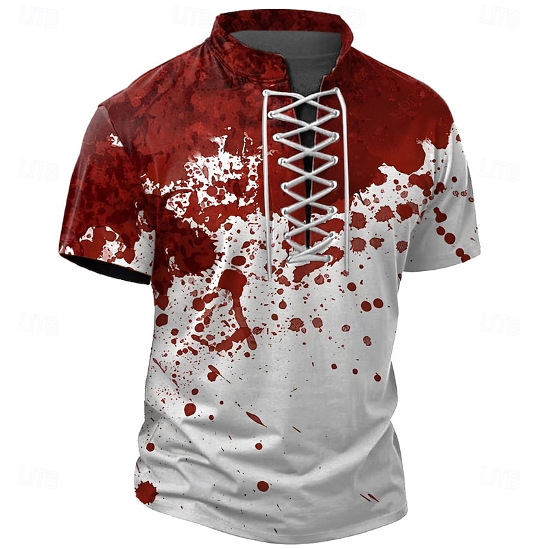 Halloween Men's Blood Splatter Blood stains Henley Shirt T shirt Tee Short Sleeve T shirt 3D Print Crew Neck Lace Up Neck Henley Shirt Casual Street Sports Outdoor Casual Red Blue Purple Summer