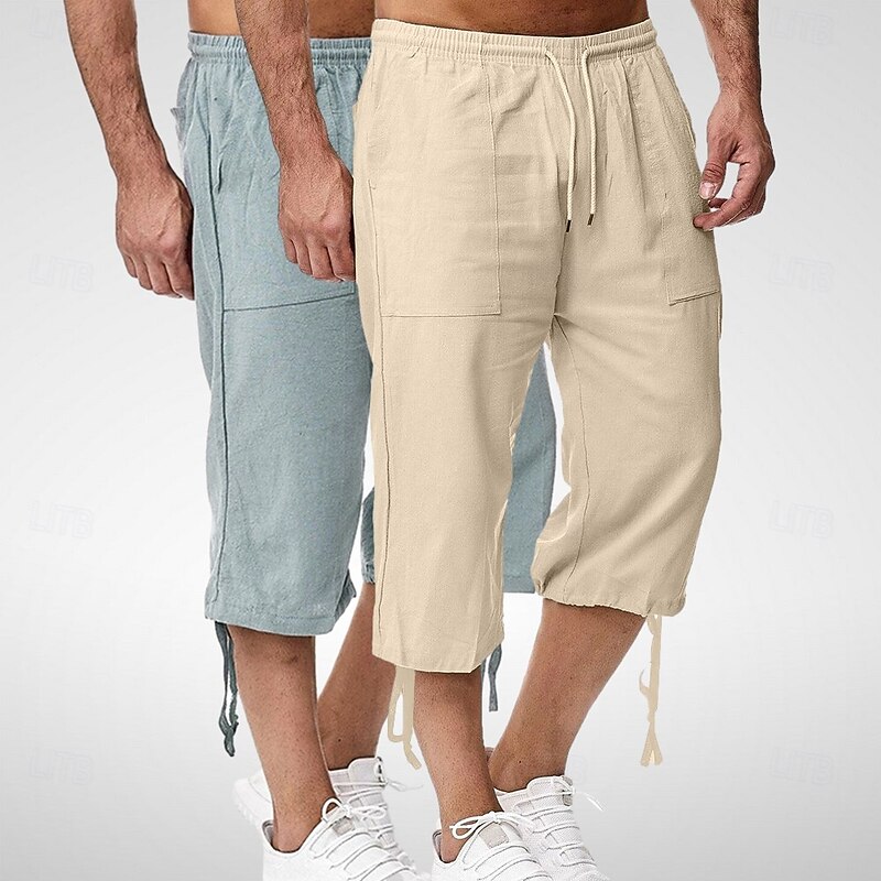 Men's Capri Pants Shorts Linen Shorts Summer Shorts Beach Shorts Pocket Elastic Waist Drawstring Plain Soft Breathable Calf-Length Outdoor Sports Outdoor Casual Vacation Classic Style Khaki+Black2