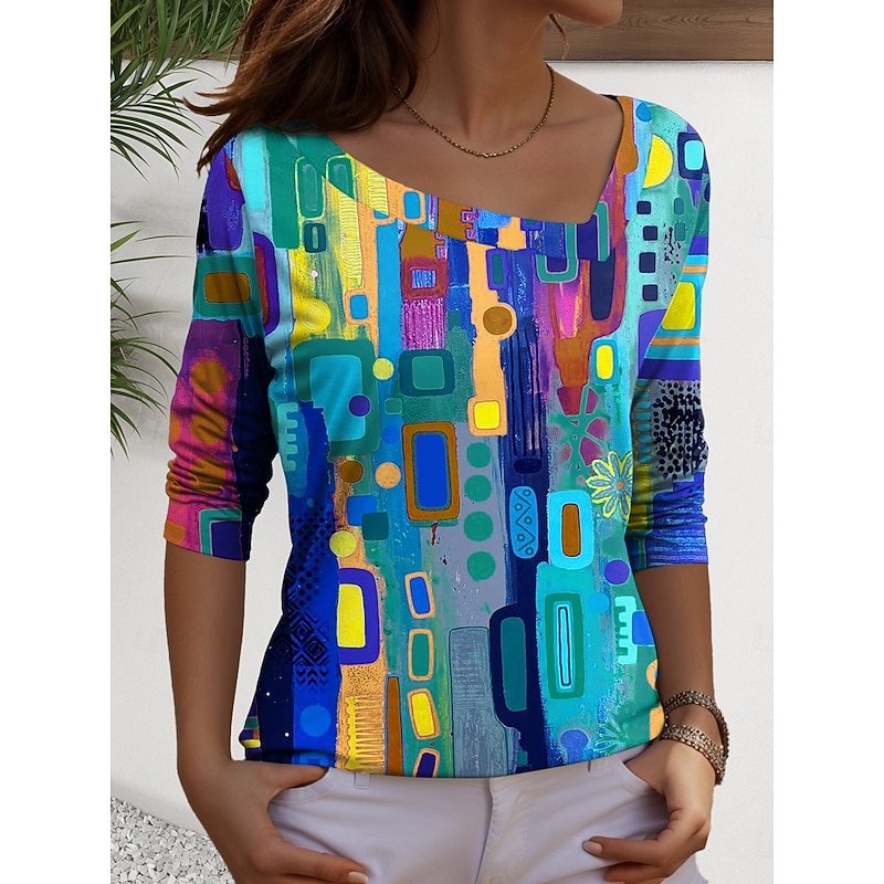Women's T Shirt Graphic Geometric Casual Long Sleeve V Neck Regular Tops Daily Print Red Blue Purple Green Spring Fall