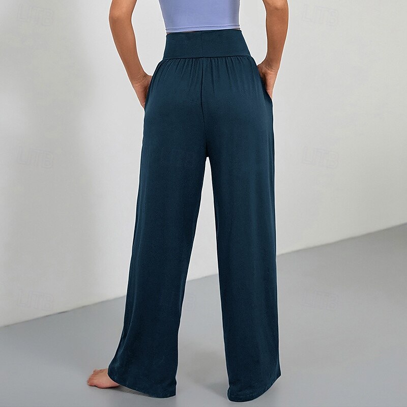 Women's Wide Leg Pants Yoga Pants with Pockets Tummy Control High Waist Gym Volleyball Workout Bottoms Solid Color Dark Grey Black Army Green Sports Activewear2