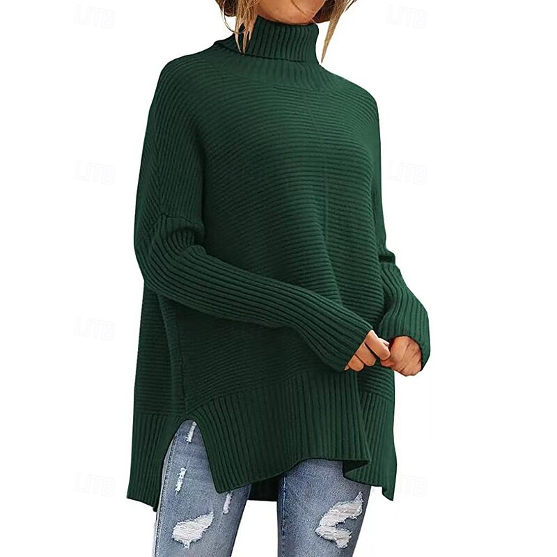 Women's Sweater Pullover Fashion Soft Solid Color Ribbed Turtleneck Knitted Split Long Sleeve Regular Tops Knit Holiday Going out Weekend Navy Blue Dark Green Fall Winter3