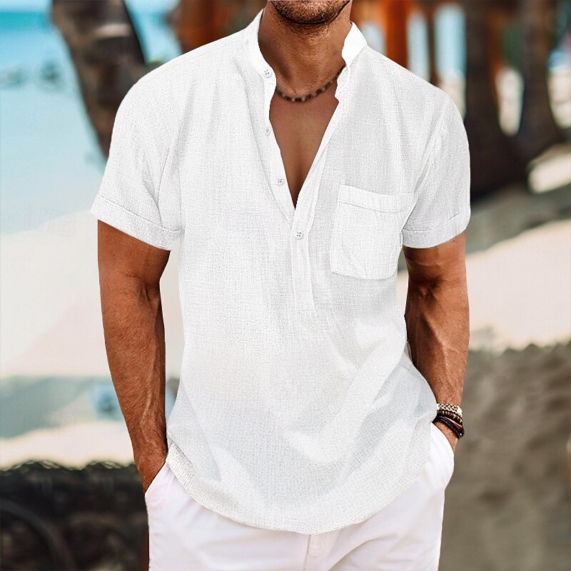 Men's Shirt Linen Shirt Band Collar Shirt Summer Shirt Beach Wear Plain Vacation Street Black White Blue Gray Short Sleeve Band Collar Summer Spring Clothing Apparel Pocket2