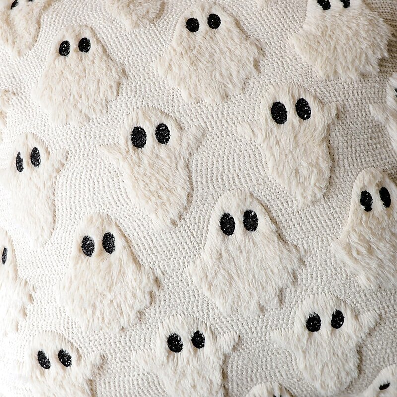 Halloween Ghost Decorative Pillow Covers 18x18 , Beige Soft Plush Faux Fur Farmhouse Throw Cushion Cases for Fall Autumn Holiday Home Decorations4