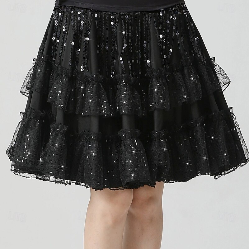 Latin Dance Skirts Pure Color Splicing Paillette Women's Performance Training High Polyester4