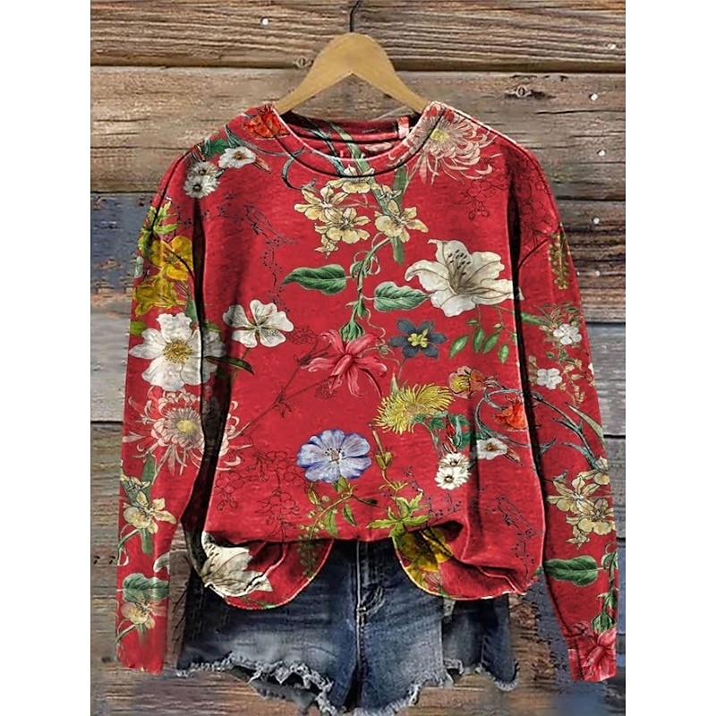 Women's Pullover Sweatshirt Floral Graphic Warm Active Vintage Long Sleeve Crew Neck Regular Tops Street Dailywear Casual Print Black Red Blue Purple Orange Spring Fall Winter