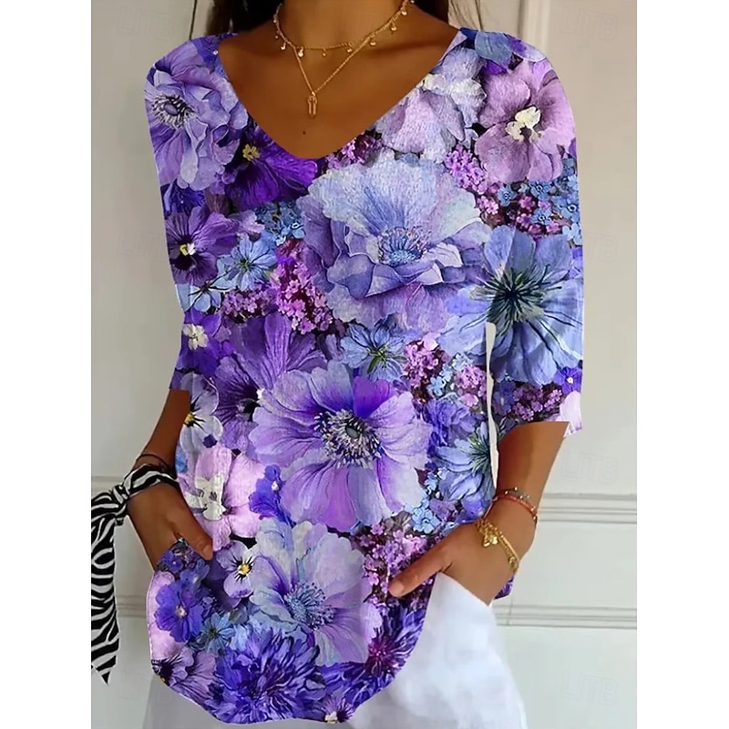 Women's Blouse Floral Graphic Vintage Tropical Stylish 3/4 Length Sleeve V Neck Regular Tops Daily Black Light Purple Purple Fuchsia Summer Spring Fall