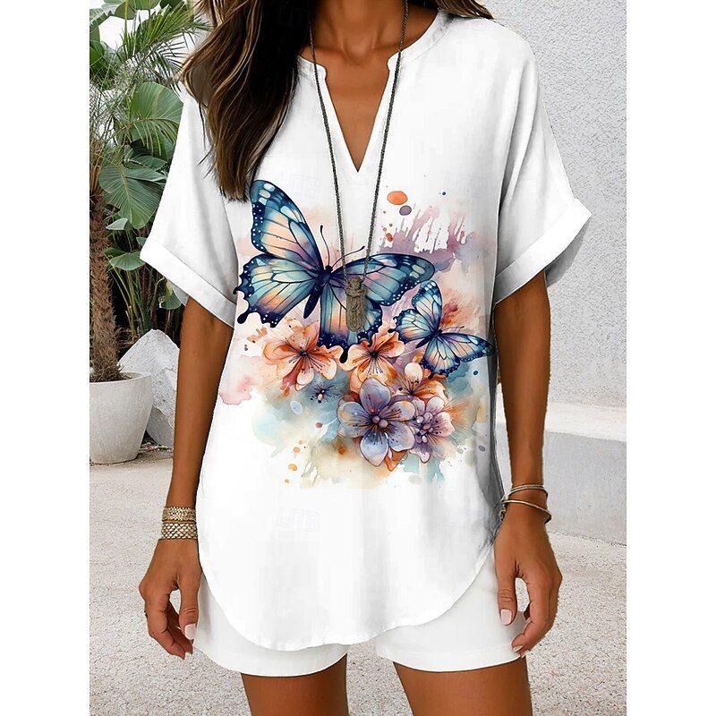 Women's Blouse V Neck Graphic Butterfly Daily Stylish Casual Short Sleeve Regular Tops Daily Holiday Black Red Blue Purple Summer Spring