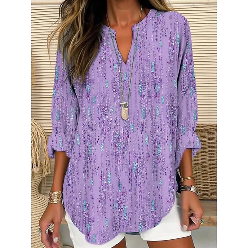Women's Blouse Tunic V Neck Long Sleeve Boho Casual Tops Floral Graphic Elegant Vintage Stylish Regular Tops Daily Print Yellow Blue Purple