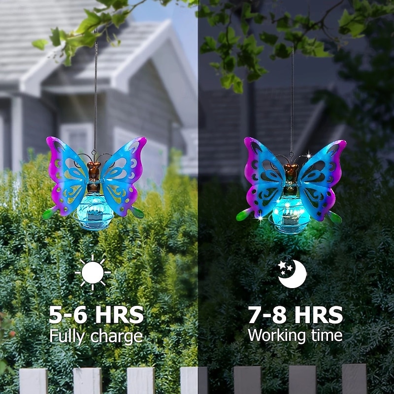 Solar Butterfly Garden Light Home Balcony Outdoor Hanging Light Iron Strap Spring Insect Butterfly Lantern Christmas Best Gift for Courtyard Lawn Porch Decoration for Halloween4