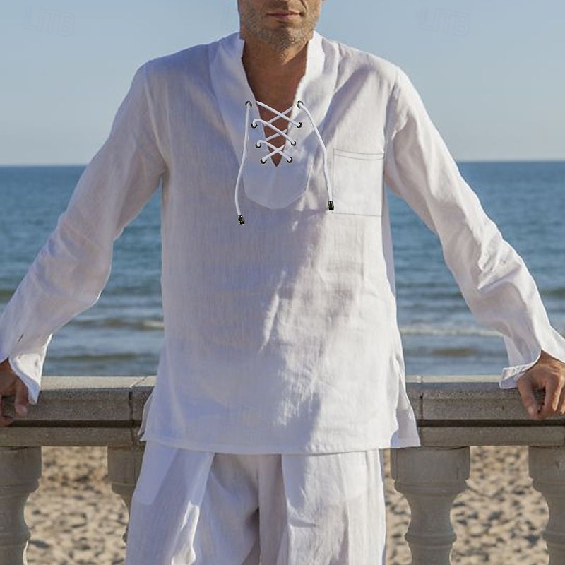 Men's Cotton Linen Shirt White Cotton Shirt Summer Shirt Casual Shirt Plain Casual Daily White Long Sleeve V Neck Spring & Summer Clothing Apparel Drawstring2