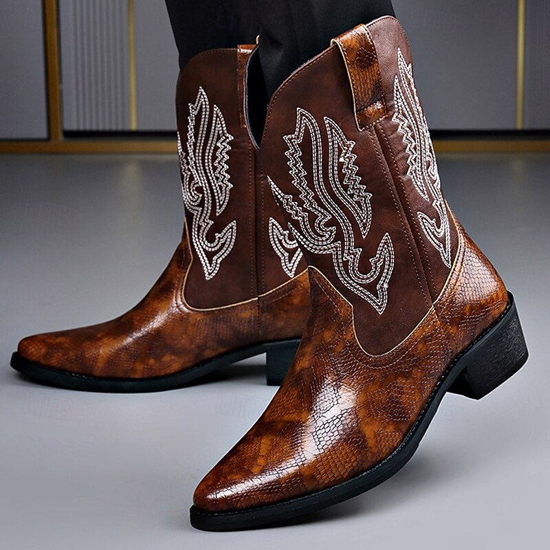 Men's Faux Leather Embroidered Western Cowboy Boots – Brown Square Toe Rodeo Boots for Farm, Festival and Casual Outfits
